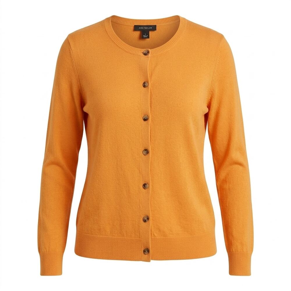 Ann Taylor Orange Crew Neck Button Front Cardigan Sweater Women Size L